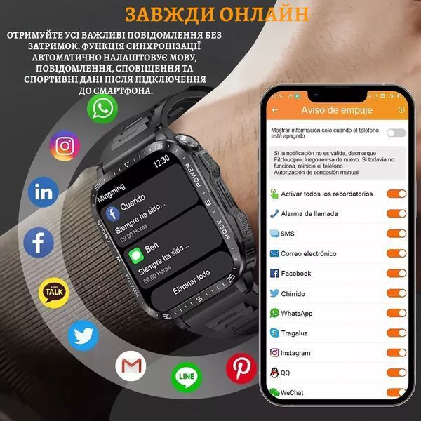 Смарт-годинник для чоловіків WarriorX військові з українською мовою, фітнес-трекер для спорту, моніторинг здоров'я 2494253237 фото