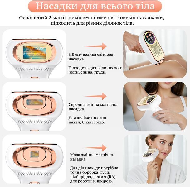 Домашній фотоепілятор IPL з охолодженням Ice Cooling, 999 999 спалахів, 2 магнітні насадки, білий із рожево-золотистими елементами 2843511990 фото