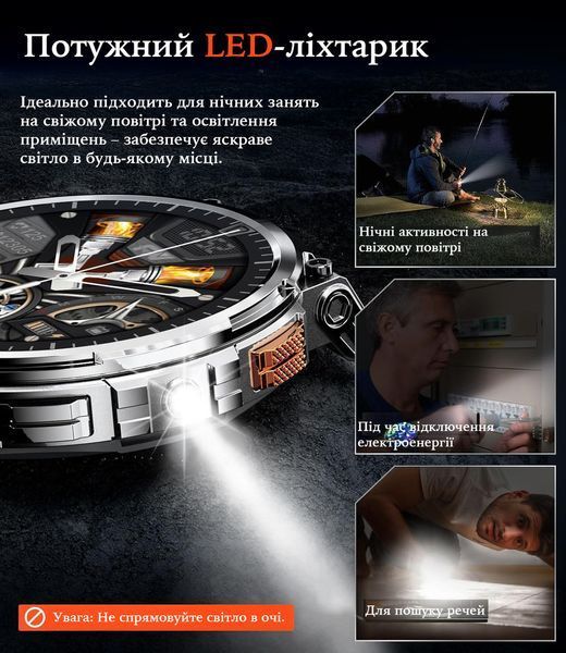 Чоловічий смарт-годинник Men's Premium 1.85" для військових зі світлодіодним ліхтариком з Bluetooth-дзвінками водонепроникний 2518046723 фото