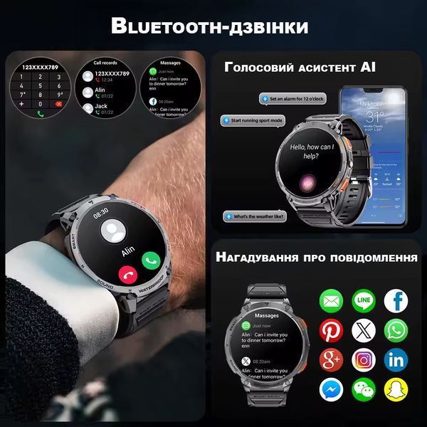 Військовий смарт-годинник для чоловіків Prestige G9 Pro, 1,85" HD, смарт-годинник зі світлодіодним ліхтариком для Android iOS 2518776037 фото